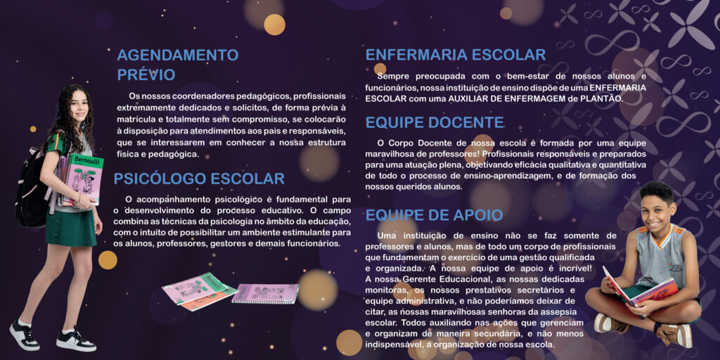 Diferenciais do Instituto Oliveira Lara — agendamento prévio, psicólogo escolar, enfermaria escolar, equipe docente e equipe de apoio